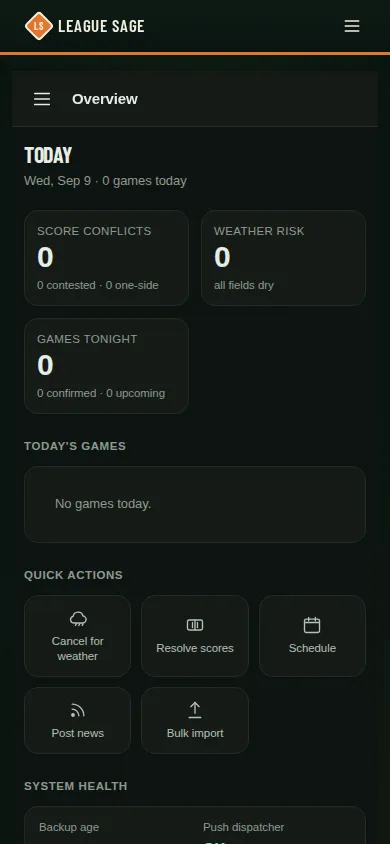 Admin Overview on a phone: Today’s stat tiles (score conflicts, weather risk, games tonight), a Today’s games list, and a Quick Actions grid (Cancel for weather, Resolve scores, Schedule, Post news, Bulk import)