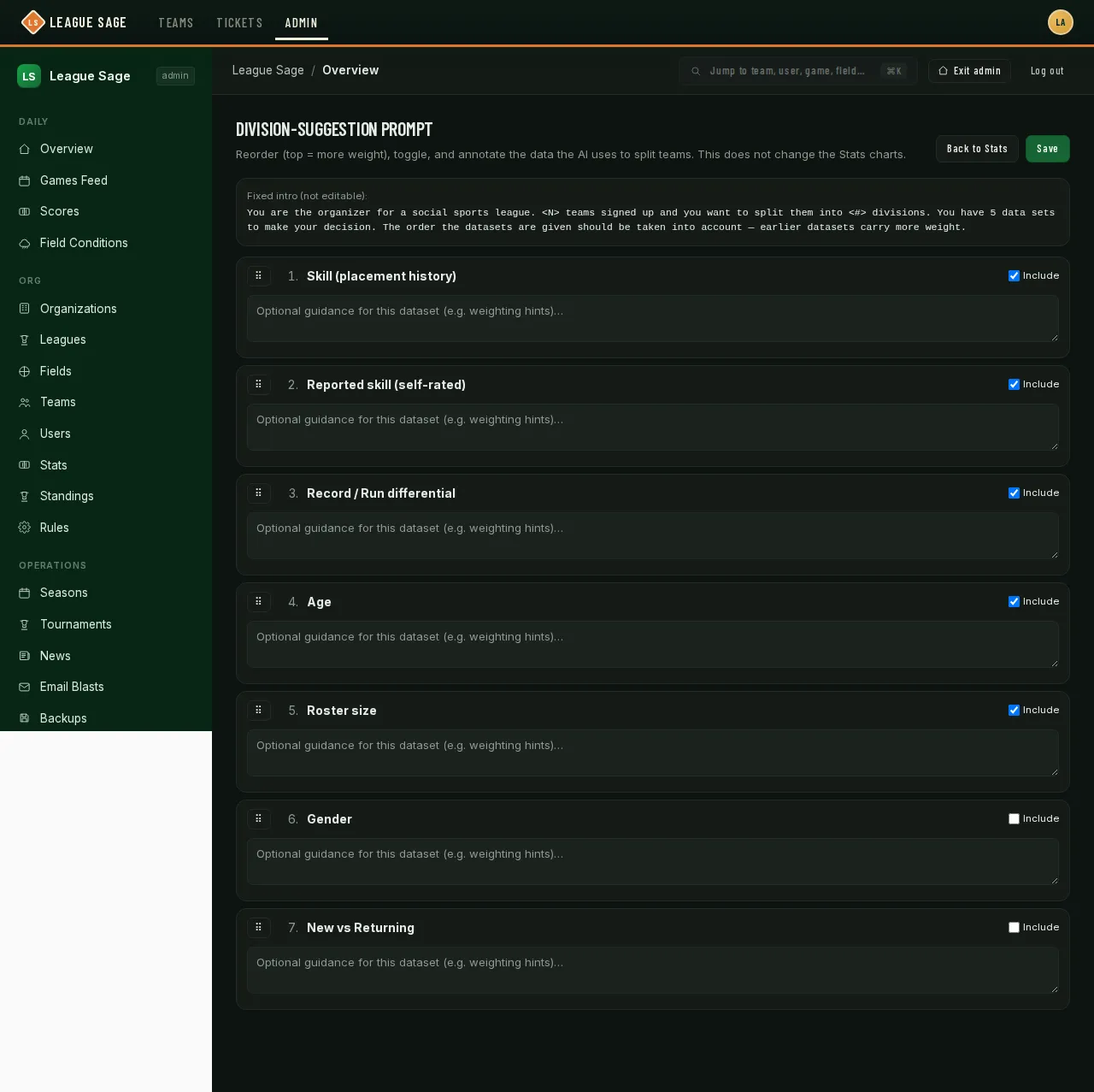 Division-suggestion prompt editor: seven reorderable data-set cards (Skill, Reported skill, Record/Run differential, Age, Roster size, Gender, New vs Returning) each with an Include checkbox and an optional guidance note