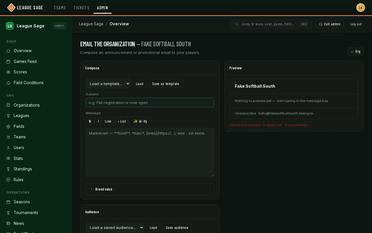 Email composer: Subject and Message fields with a formatting toolbar, and a Preview panel showing the org header and recipient count