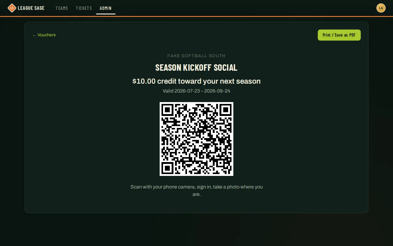 Printable voucher page: organization name, “$10.00 credit toward your next season,” valid dates, and a large QR code