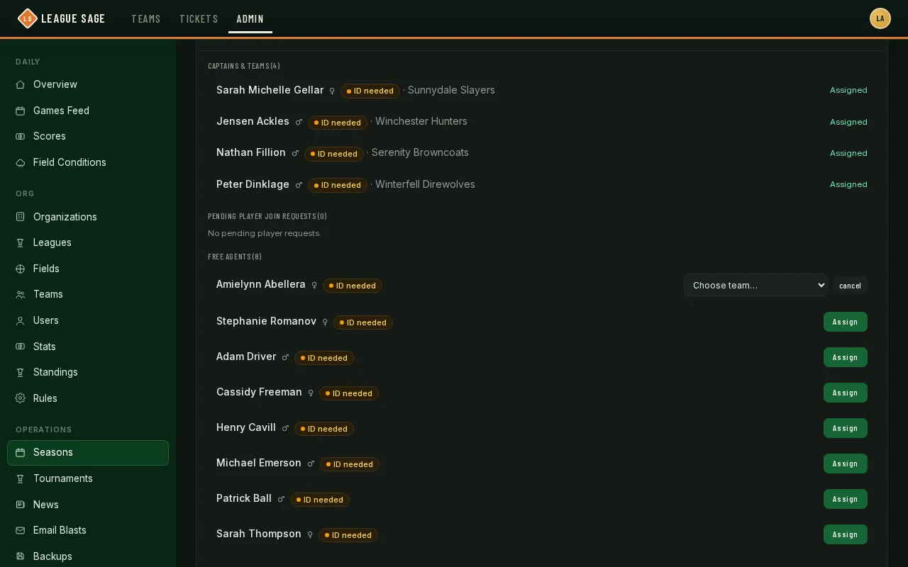 Free Agents list with one player’s Assign control open, showing a team dropdown and a Cancel link next to it