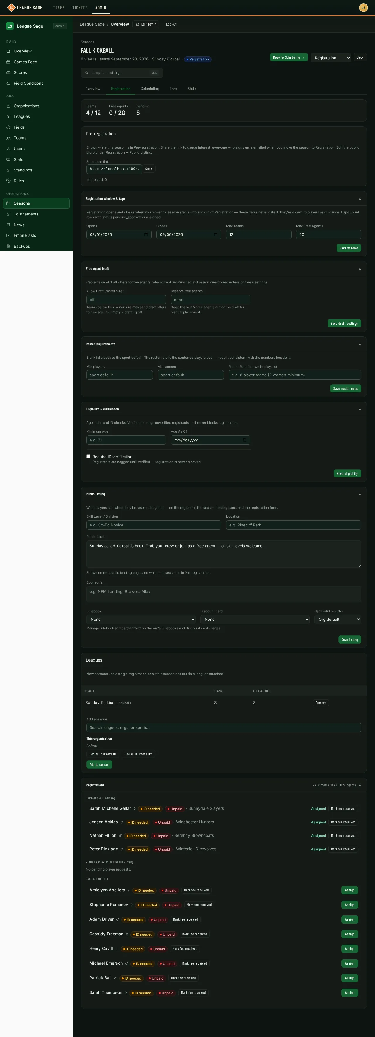 The Registration tab’s Eligibility & Verification card, showing the “Require ID verification” checkbox, and further down the Registrations list where every captain and free agent carries an amber “ID needed” chip
