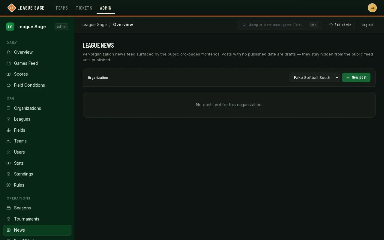 League News admin page: an organization picker, a New post button, and an empty posts table with “No posts yet for this organization.”