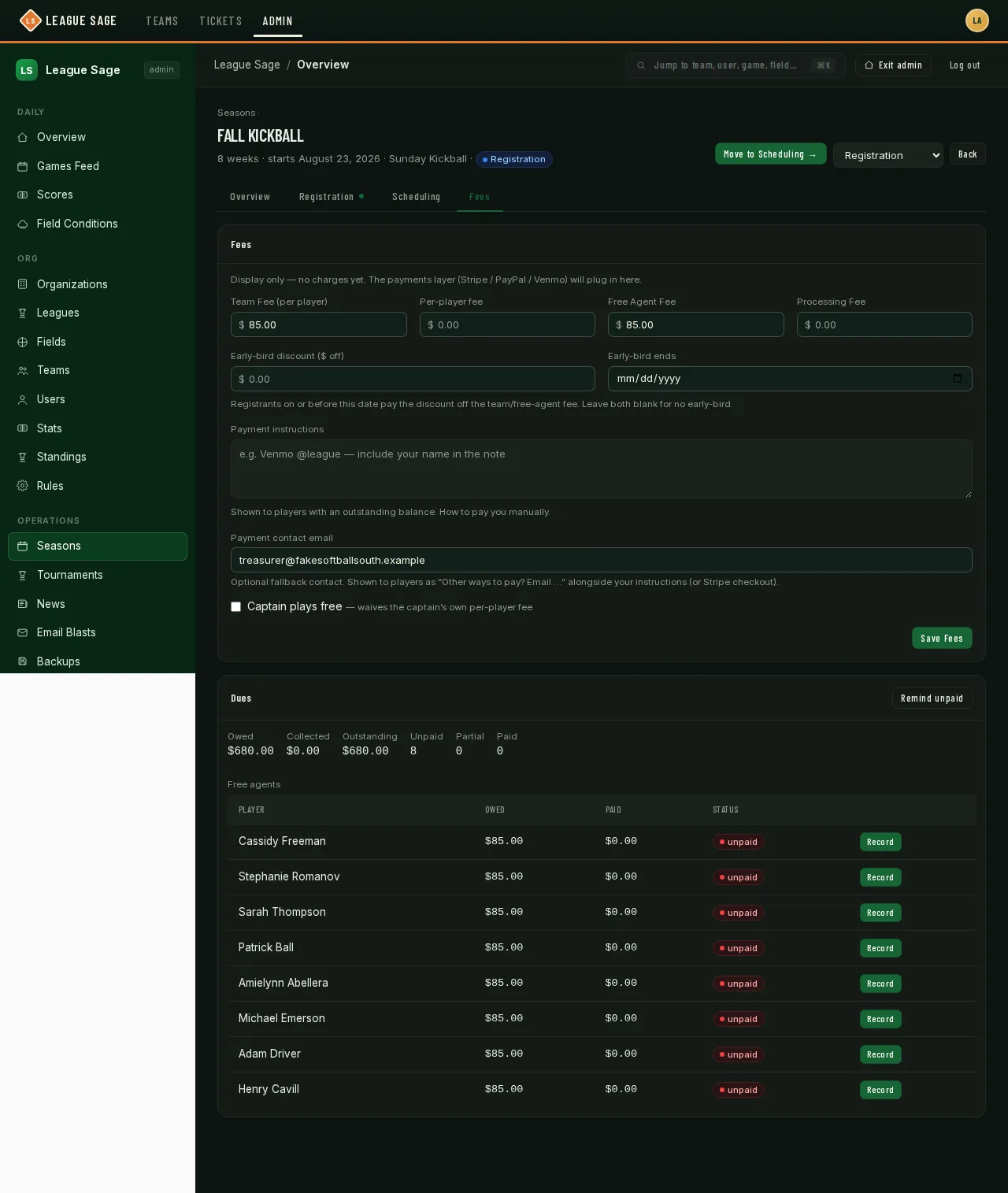 Fees tab showing team/free-agent fee amounts and payment contact email, plus a Dues table listing each free agent’s owed and paid amounts with a Record button