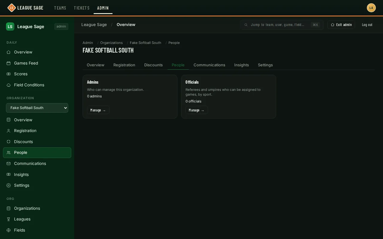 Admin sidebar with the Organization group expanded under the organization’s name, People highlighted