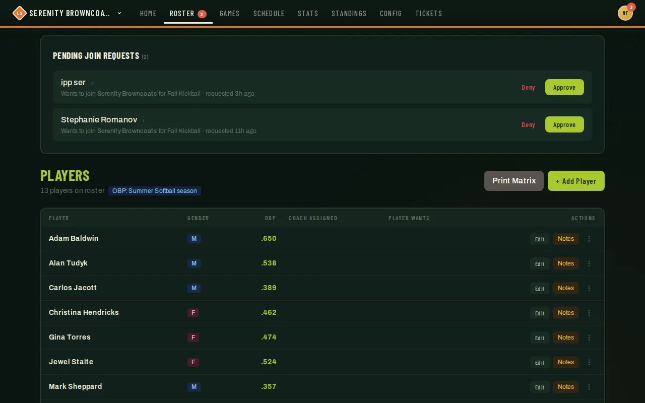 Players page showing a Pending Join Requests banner with Approve and Deny buttons for a player request