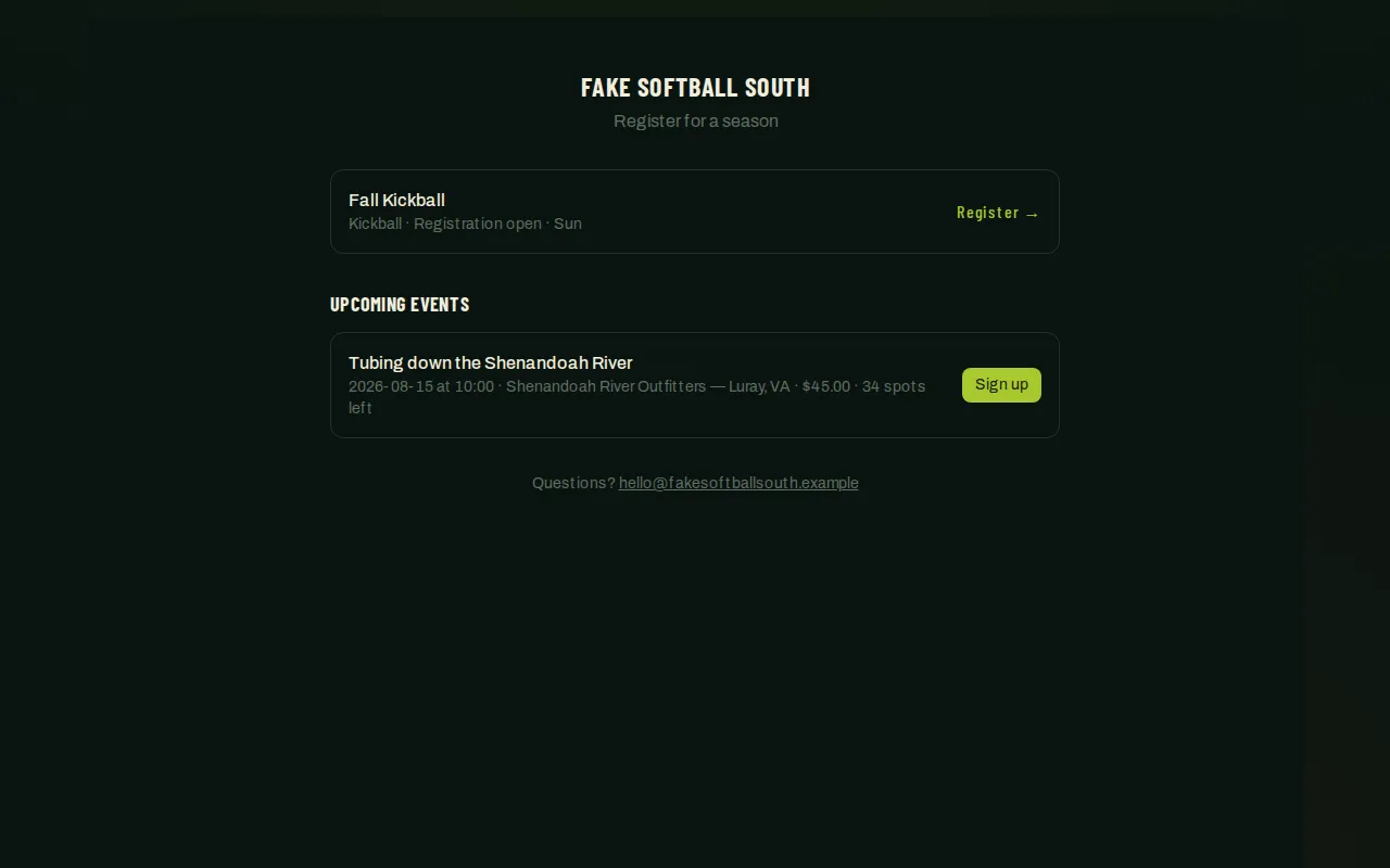 A public organization registration page listing one open season with a Register link, and an upcoming paid event below it