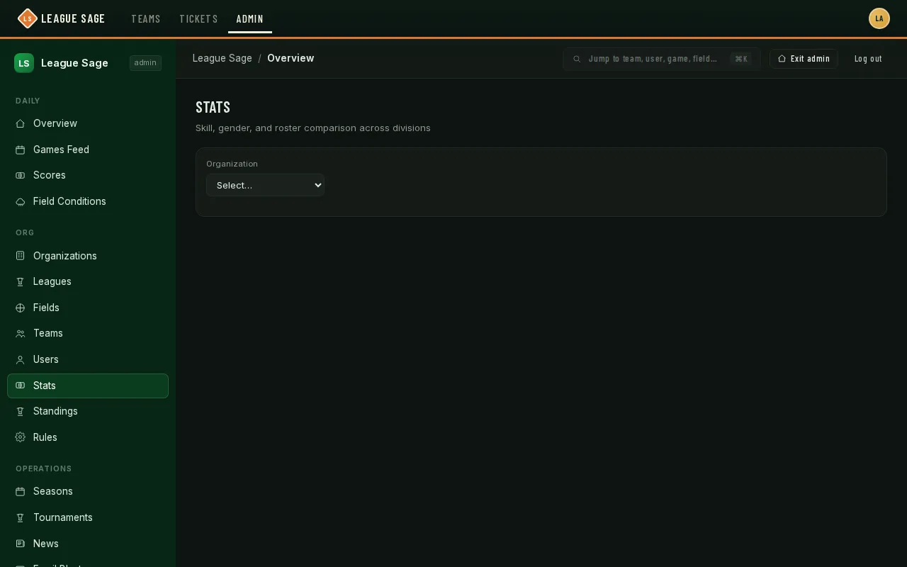 Stats page landing view: pick an Organization to load its sports and divisions before the comparison charts and report tools appear