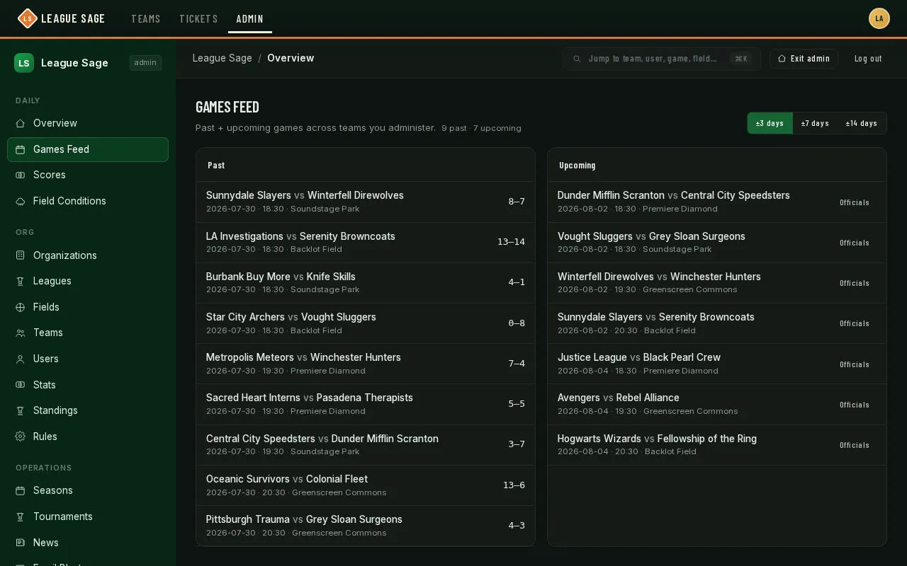 Game day’s Games tab showing 9 past games with final scores and 7 upcoming games with an Officials assignment link, in a ±3 day window