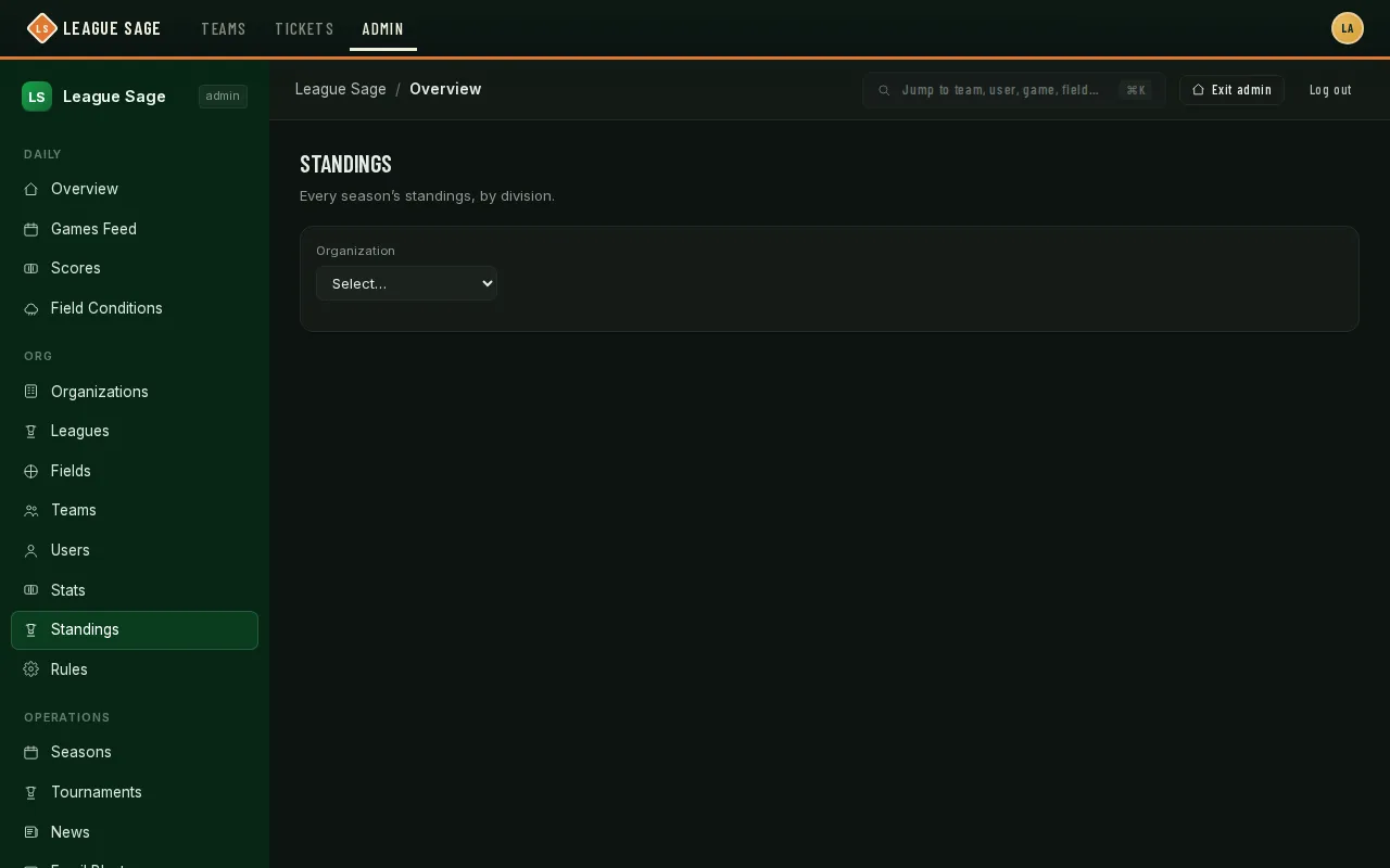 Standings admin page landing view: pick an Organization to load its seasons and division-by-division standings tables