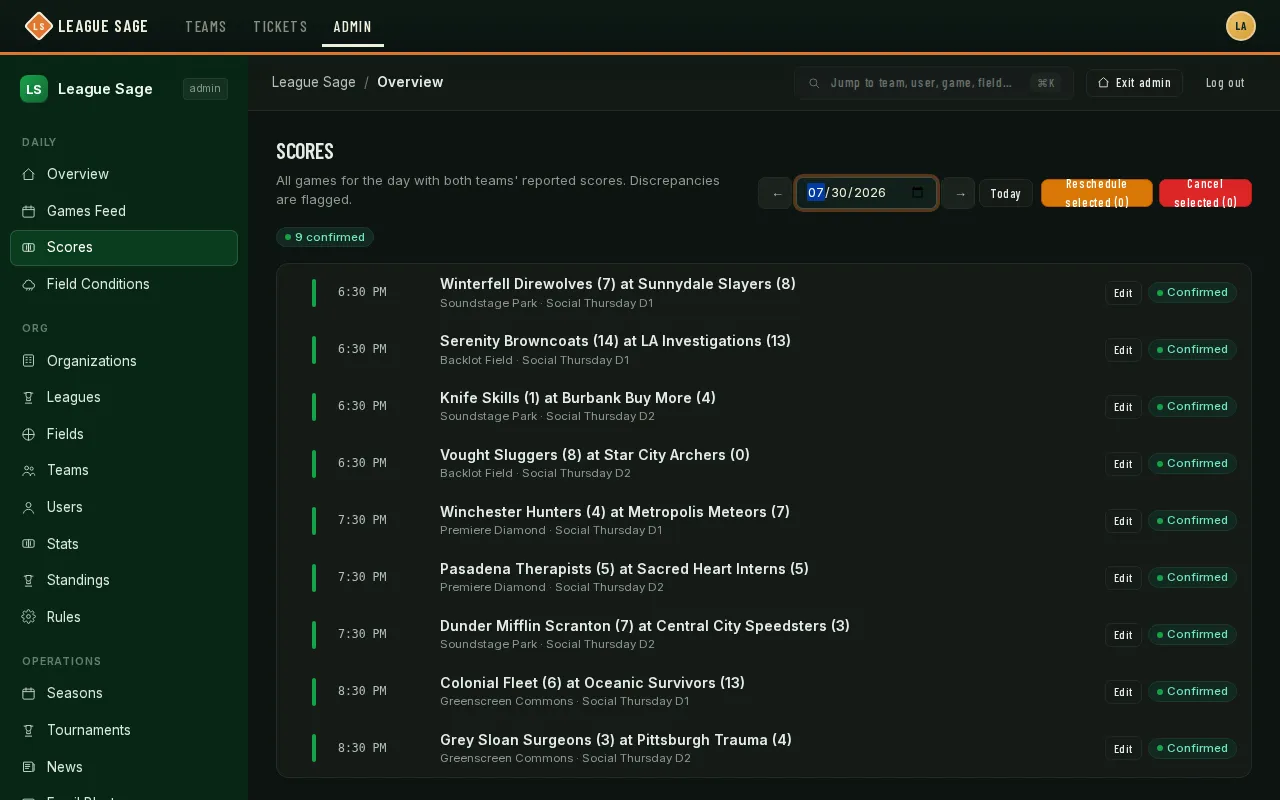 Scores page for July 30: nine confirmed games, each showing both teams and the final score, with Reschedule selected and Cancel selected bulk actions above the list