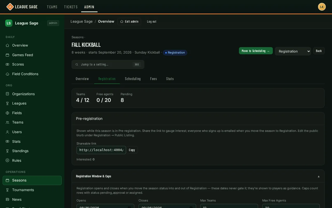 Fall Kickball season detail page showing the Registration status pill, a Move to Scheduling button, a status dropdown, and the Registration tab with team/free-agent/pending counts
