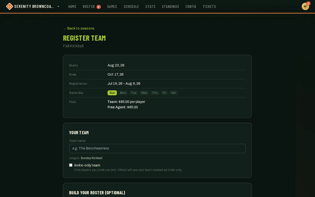 Register Team form for an open season showing the team name field and the Build your roster section for a kickball season