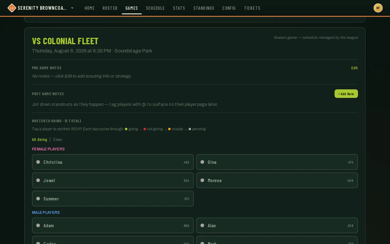 Editable roster attendance on a game page: tap a player to cycle Going / Not going / Maybe / Pending, grouped by gender