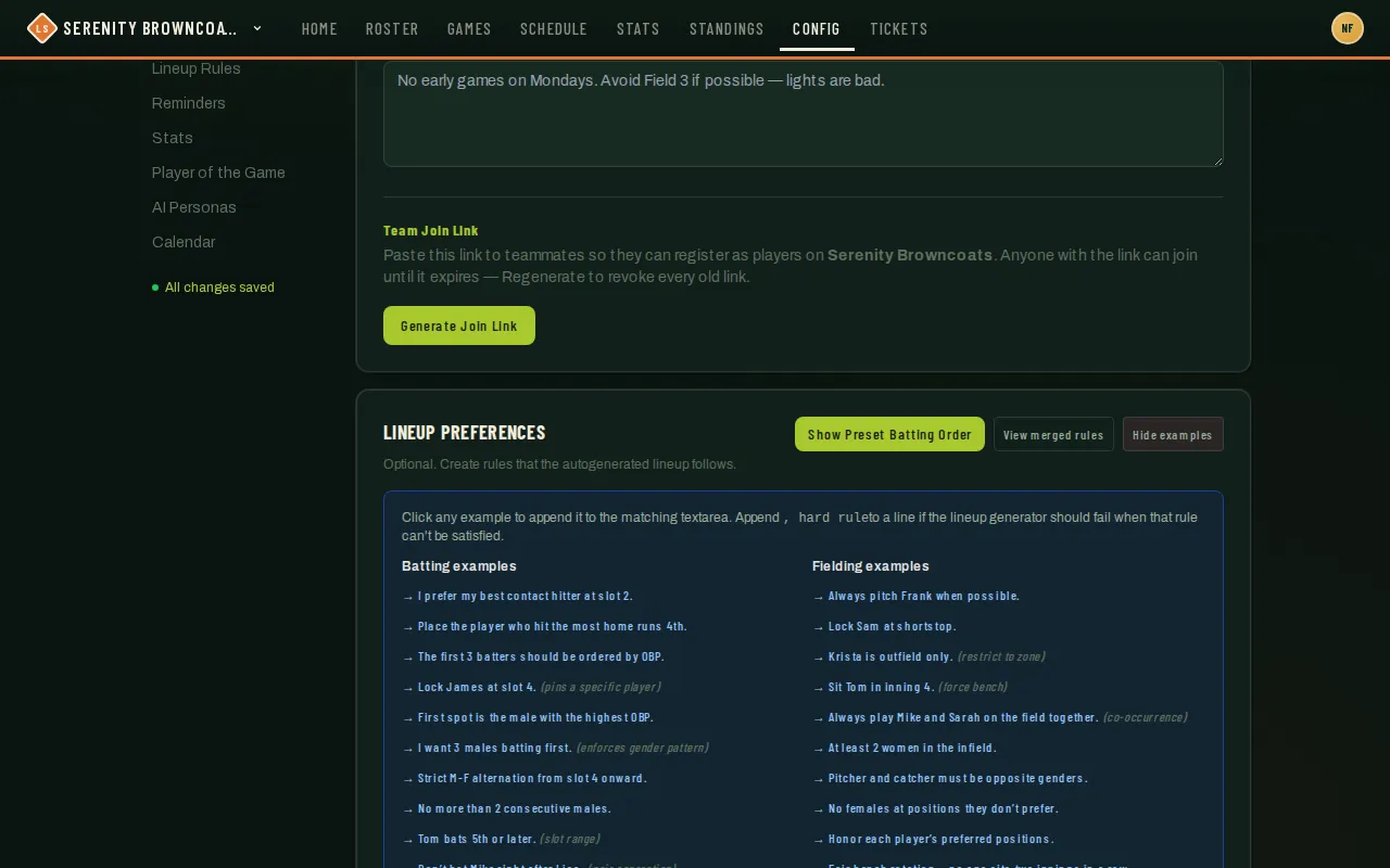 Lineup Preferences card on Team Config with the Show examples panel open, listing real batting and fielding example prompts