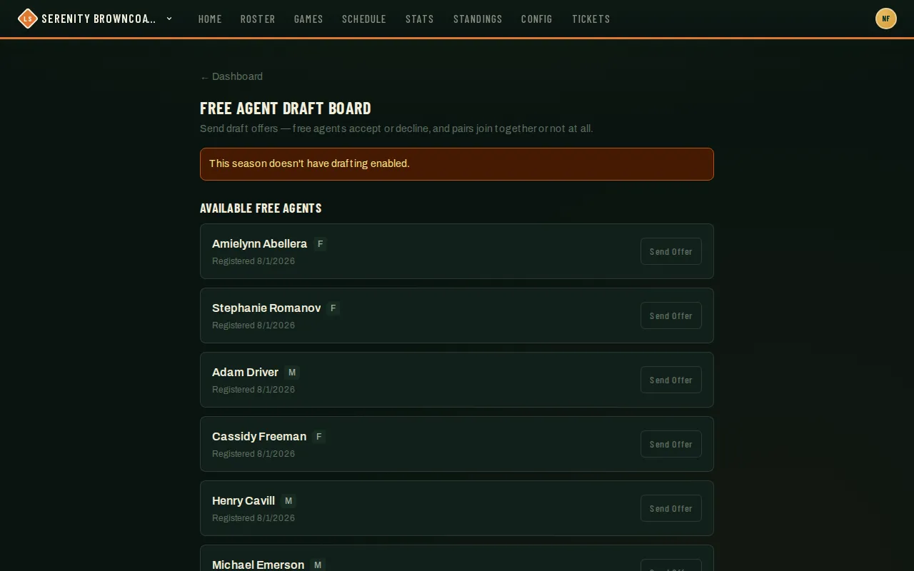 Free Agent Draft Board listing available free agents with a Send Offer button per player