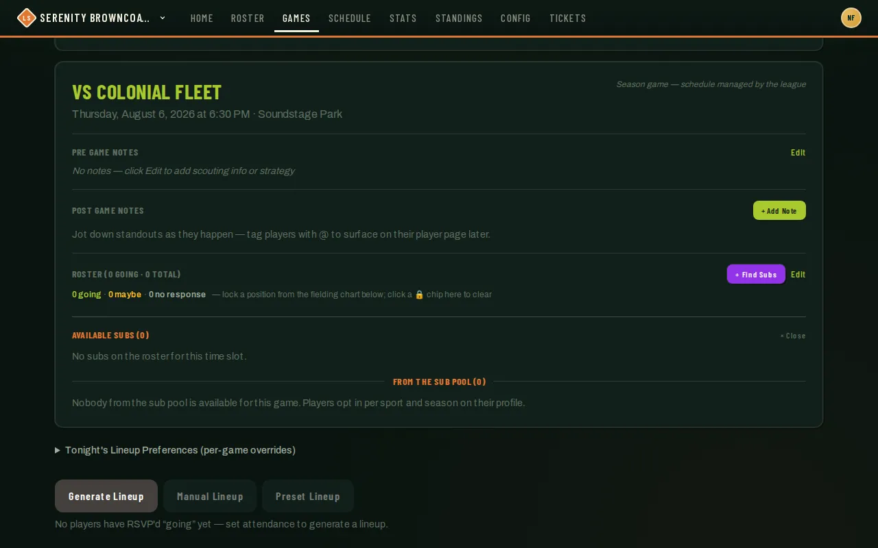 Find Subs panel open on a game page: roster subs and sub-pool candidates for that date, both currently empty