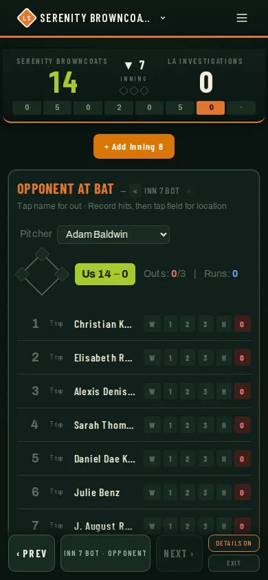 The same Game Mode scoreboard and opponent at-bat list on a phone-width screen
