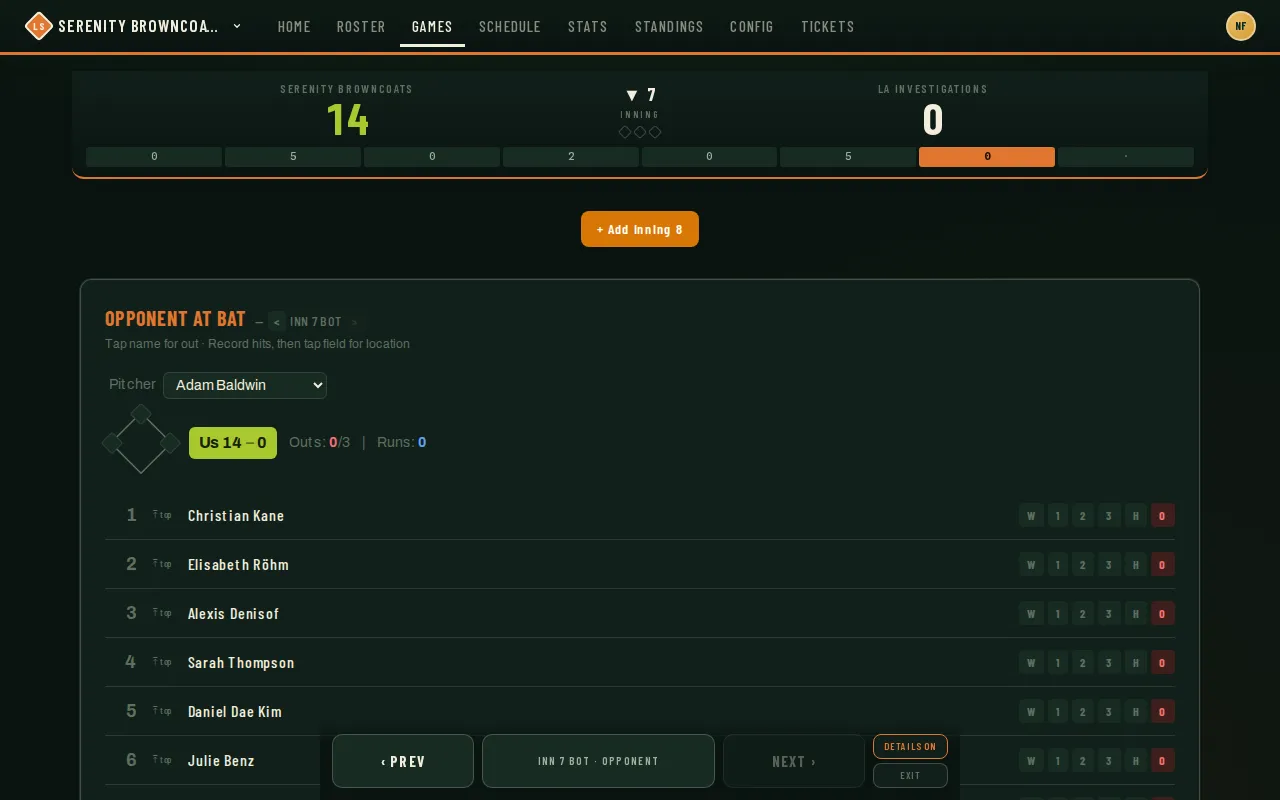 Game Mode’s opponent-batting view: scoreboard, pitcher selector, and a tap-to-record row per batter