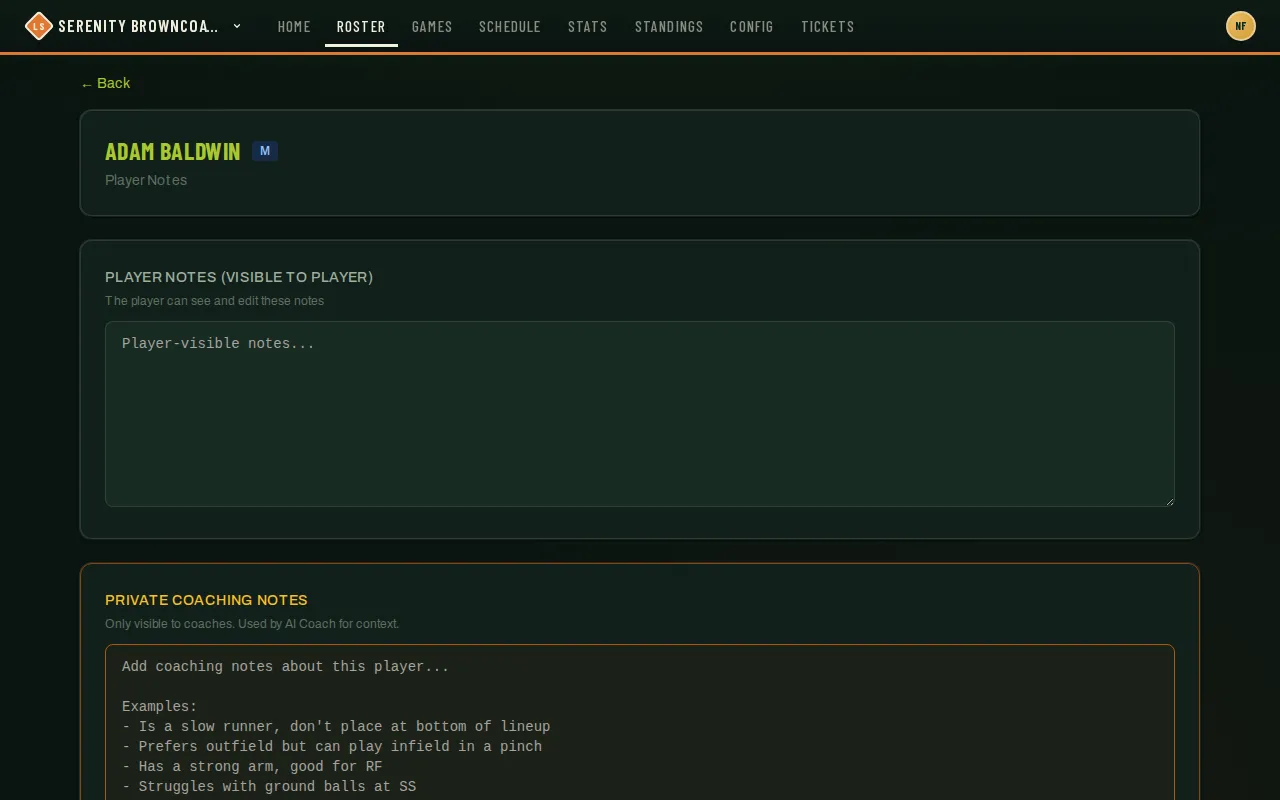 Player Notes page for a roster player, showing the player-visible notes box and the private coaching notes box below it
