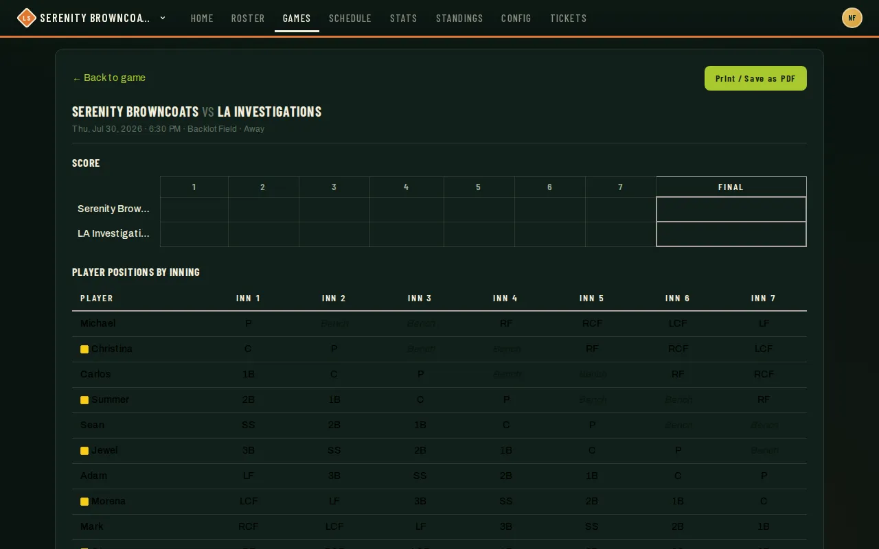 Printable lineup sheet: score grid and player-positions-by-inning table, ready for Print / Save as PDF