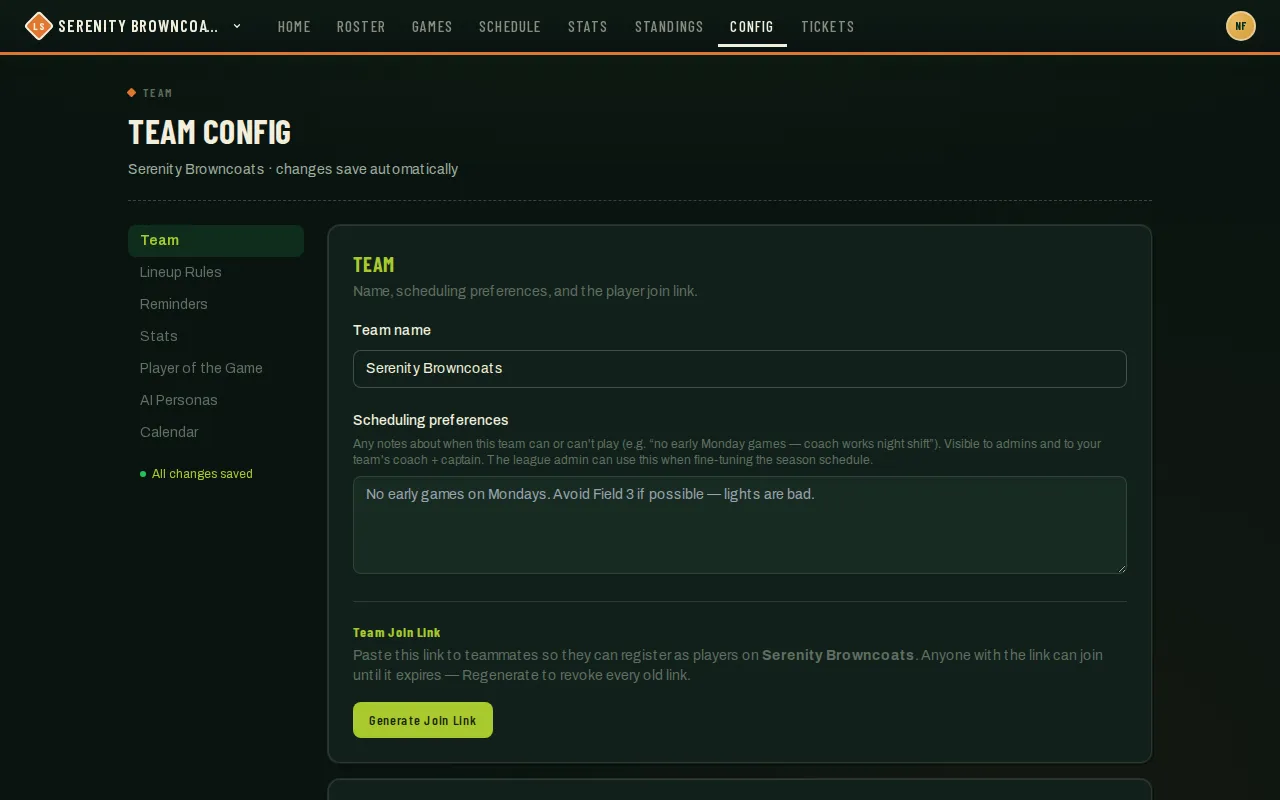 Team Config page showing team name, scheduling preferences, and the Team Join Link card