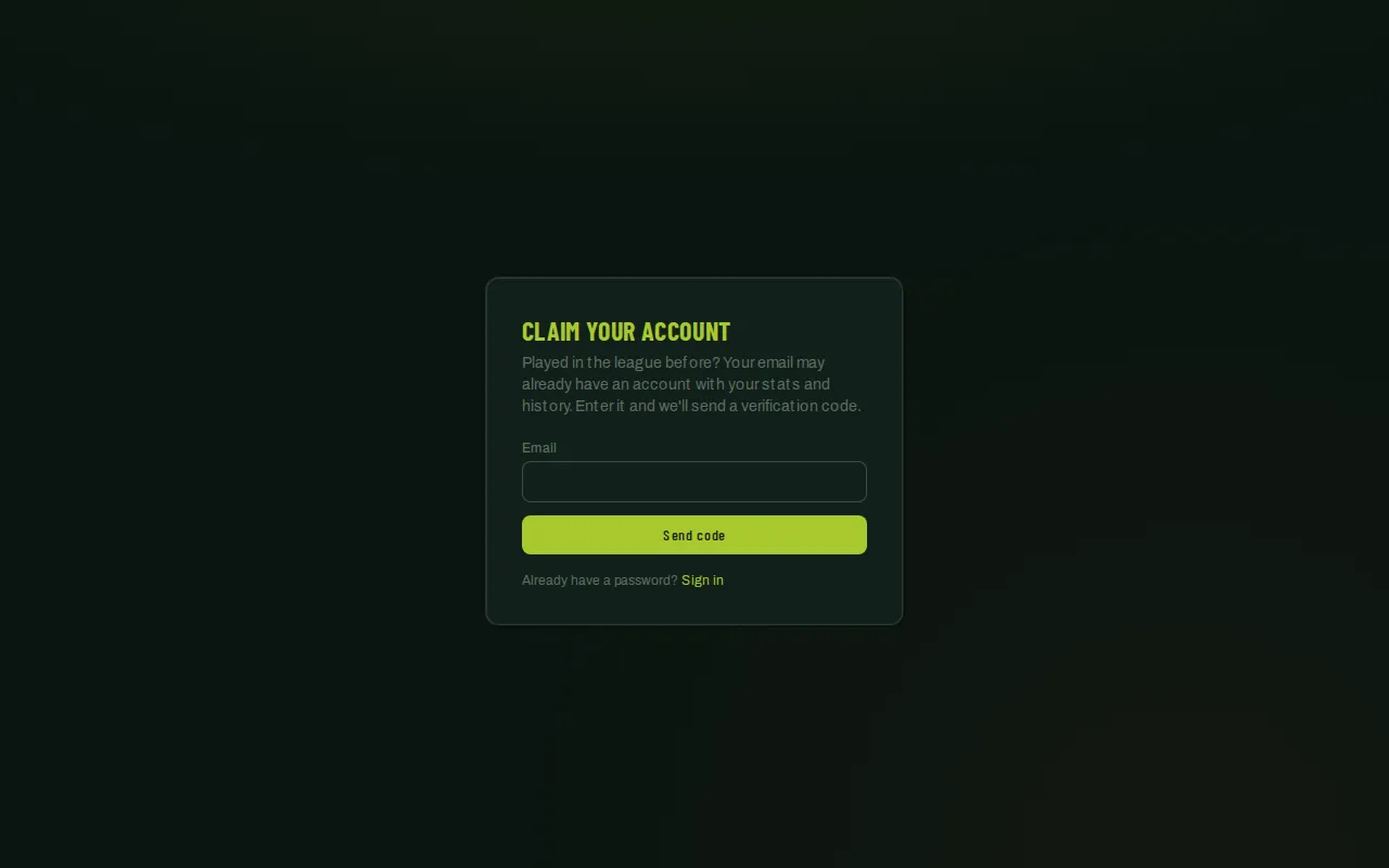 Claim your account page with an email field and a Send code button