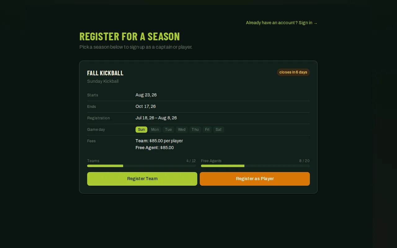 Season registration page listing an open season with dates, fees, and a Register as Player button