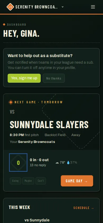 League Sage dashboard shown at a mobile phone width