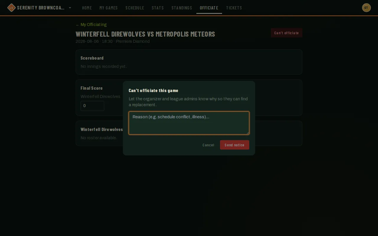 Can’t officiate this game modal open on an assigned game, asking for a reason before sending the notice