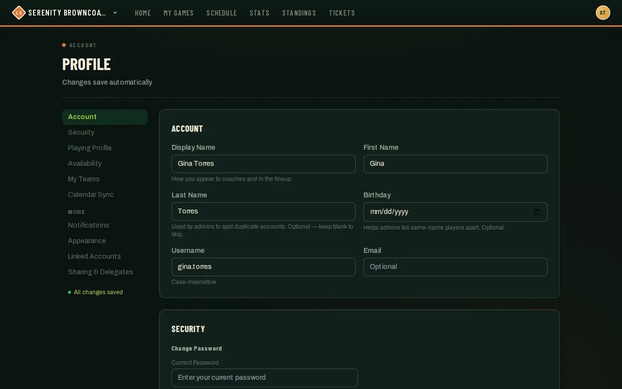 Profile page Account section with display name, username, email, and password fields