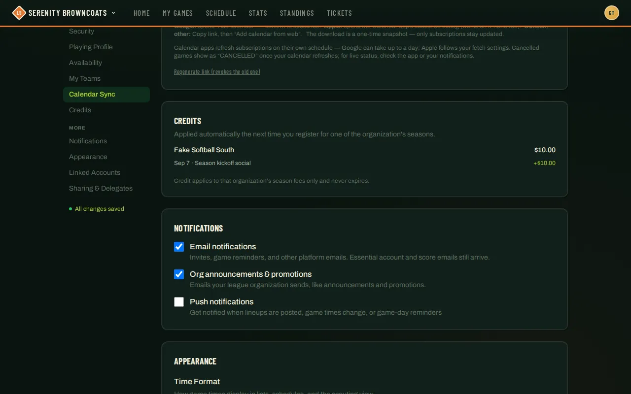 Profile page Credits section showing an organization name, a dollar balance, and a history list of dated entries with plus and minus amounts