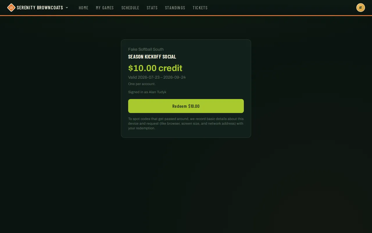 Redeem page showing an organization name, voucher name, a $10.00 credit amount, the valid dates, and a Redeem button