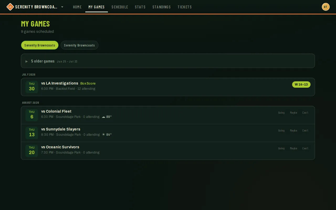 Games list with Going, Maybe, and Can’t buttons next to each upcoming game