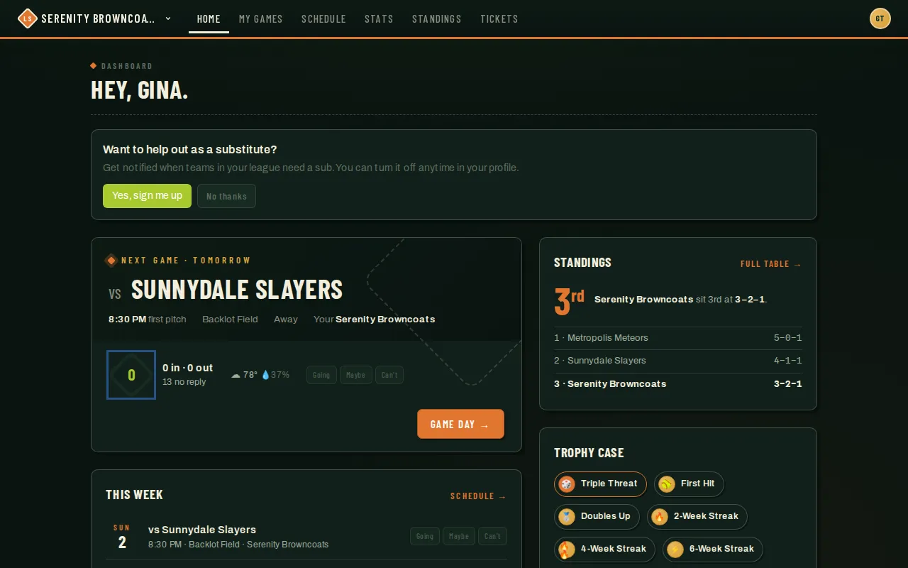 Player dashboard showing the active team name, next game, standings, and This Week schedule