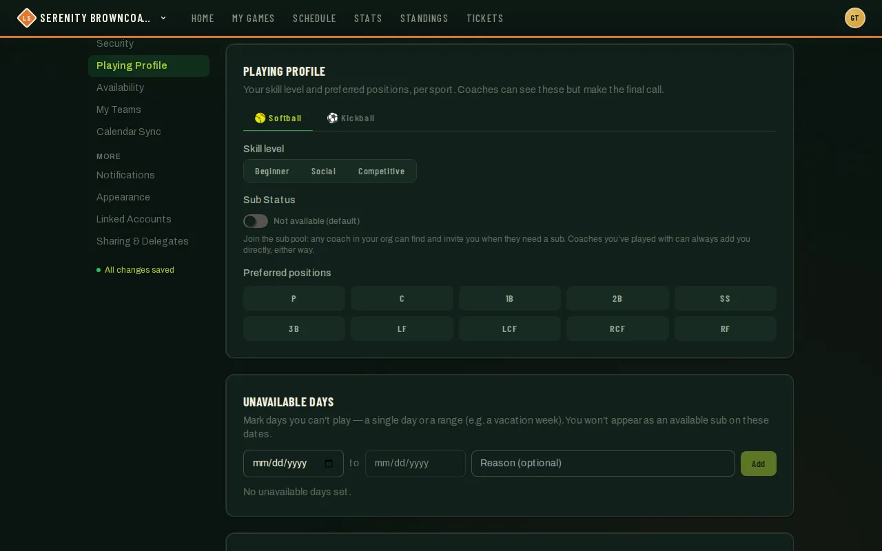 Playing Profile section showing sport tabs, skill level, the Sub Status toggle, and preferred positions