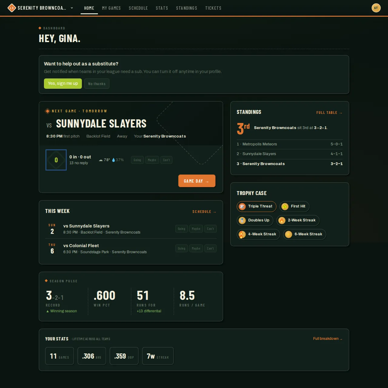 League Sage dashboard showing a substitute sign-up prompt, the next-game card with RSVP buttons, standings, and a trophy case of earned badges